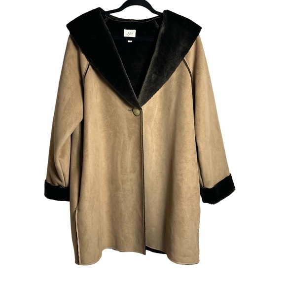 J. Jill Jackets & Blazers - J.Jill Faux Suede Coat Women's Size Large Faux Fur Collar and Cuff Trim Tan